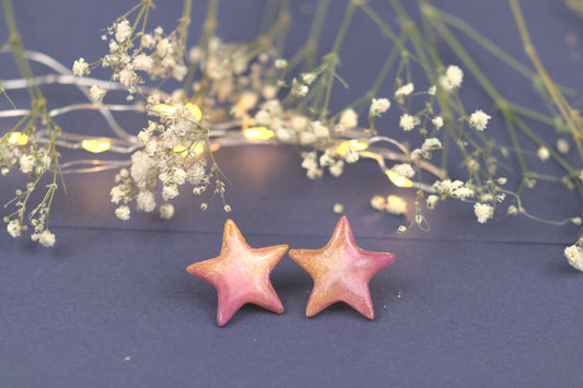 Cercei cu surub - Stea - Inox - Roz cu Auriu - Handmade (Colecția Celestial Pink)-Earrings-celestiahandmade