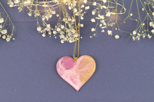 Colier Mare - Inima - Inox -  Roz cu Auriu - Handmade (Colecția Celestial Pink)