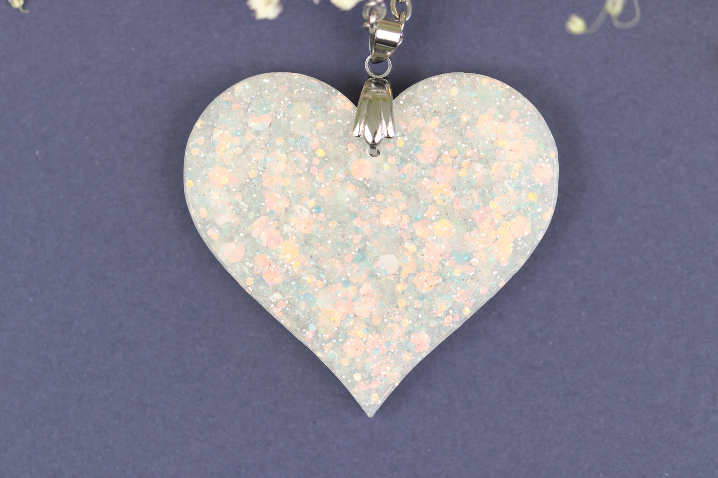 Colier Mare - Inima - Inox -  Alb cu Argintiu - Handmade  (Colecția Clar de lună)