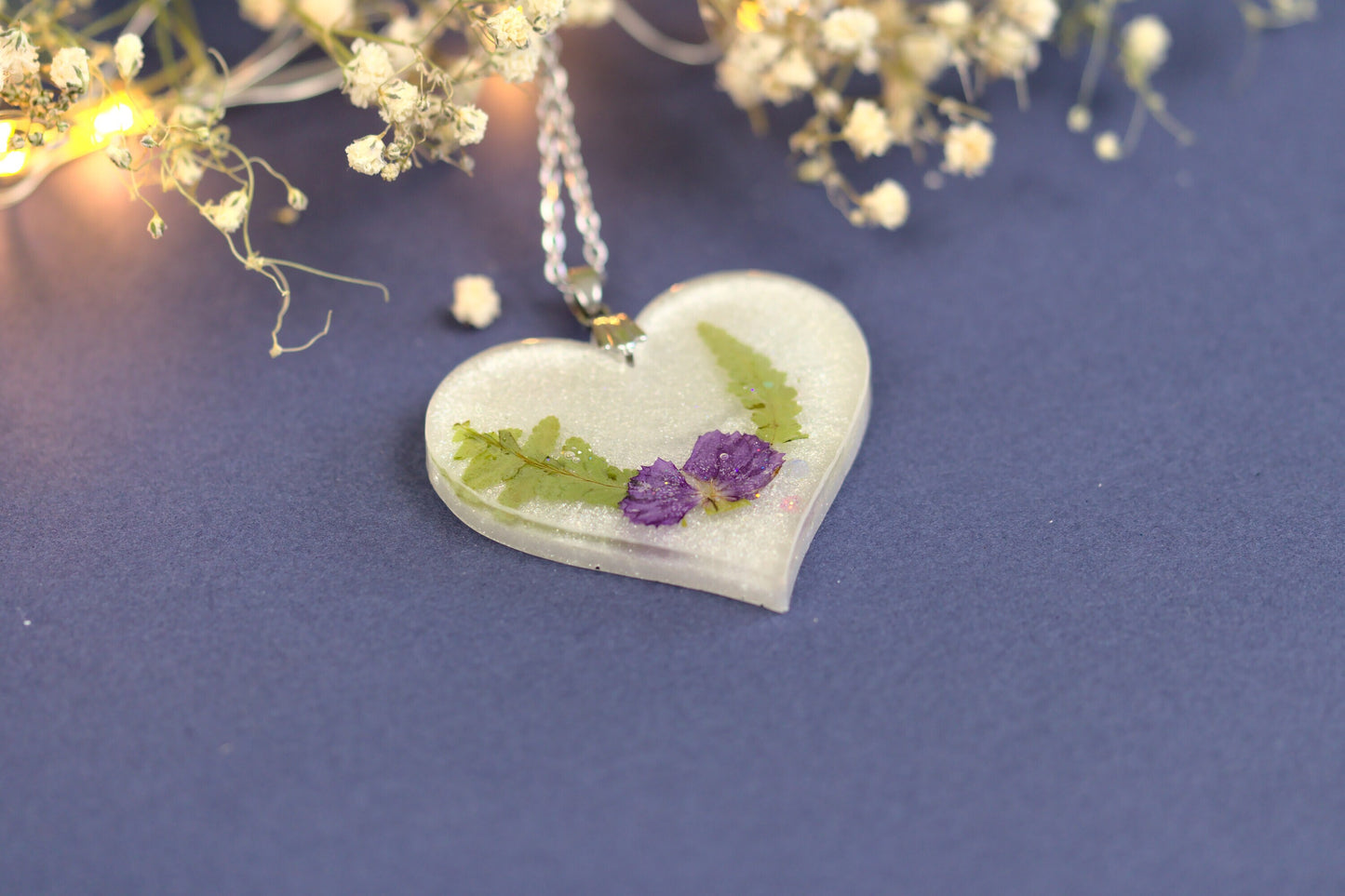 Colier Inima - Unicat - Inox-  Alb cu Flori - Handmade (Colecția Orizont)