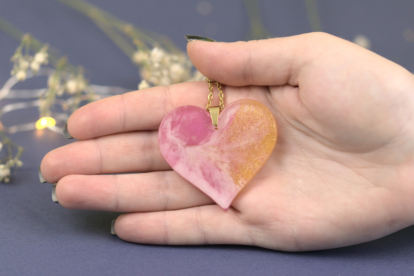 Colier Mare - Inima - Inox -  Roz cu Auriu - Handmade (Colecția Celestial Pink)