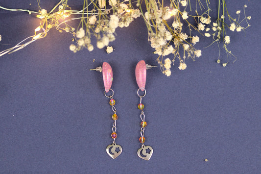 Cercei lungi - Lacrimă - Inox - Roz cu Auriu - Handmade (Colecția Celestial Pink)