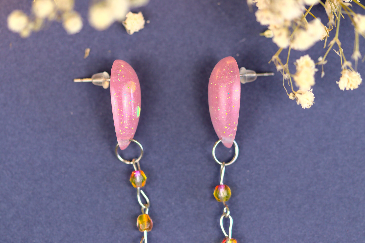 Cercei lungi - Lacrimă - Inox - Roz cu Auriu - Handmade (Colecția Celestial Pink)