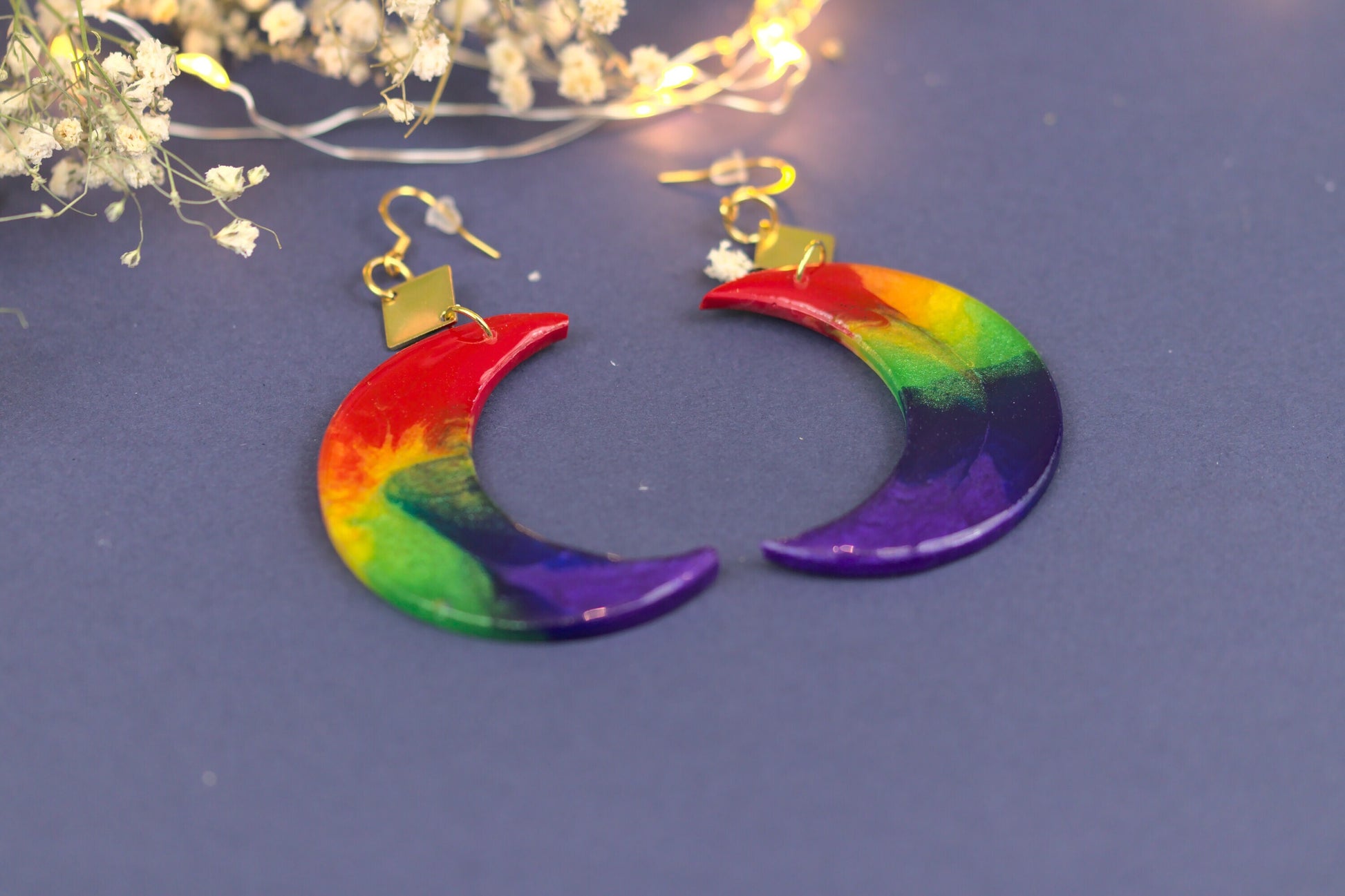 Cercei statement - Luna - Inox - Curcubeu - Handmade (Colecția Celestial Rainbow)-Earrings-celestiahandmade