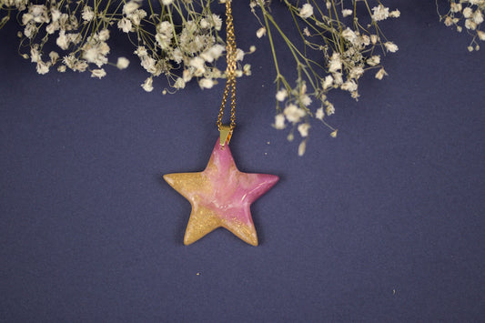 Colier Mare - Stea - Inox - Roz cu Auriu - Handmade (Colecția Celestial Pink)